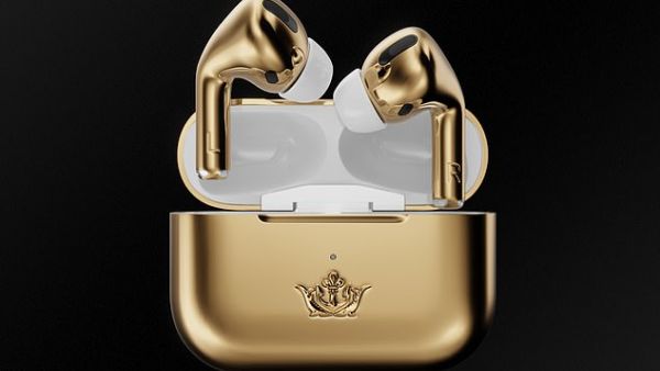 Caviar, a manufacturer of luxury smartwatches and accessories, is offering a pair of AirPods Pro wrapped in 18-karat gold for $67,790. (Caviar)