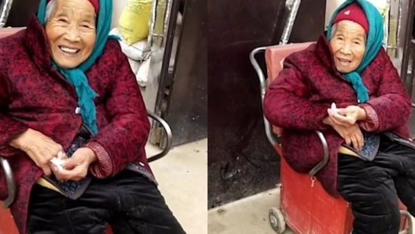 It was captured after 106-year-old Mrs Wuyang had come back from a wedding ceremony, bringing with her a handful of nuptial candy, according to Yang Gengsheng, a neighbour who recorded the clip. (Video screenshot)