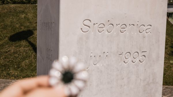 Srebrenica–Potočari Memorial and Cemetery for the Victims of the 1995 Genocide. Bosnian men were executed by the Bosnian Serb Army. Woman hand holding Srebrenica flower (Shutterstock)	