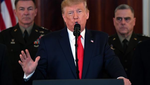 US President Donald Trump speaks about the situation with Iran in the Grand Foyer of the White House in Washington, DC, January 8, 2020. SAUL LOEB / AFP