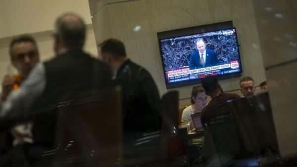 A television screen shows House impeachment manager Rep. Adam Schiff (D-CA) during the Senate impeachment trial of U.S. President Donald Trump, at a hotel on January 22, 2020 in Des Moines, Iowa. (AFP/ File Photo)
