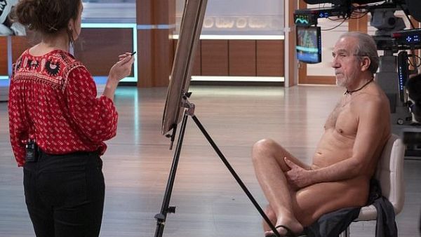 During the interview, a live nude painting took place. Pictures is painter Katie Beth with Model Simon (dailymail)
