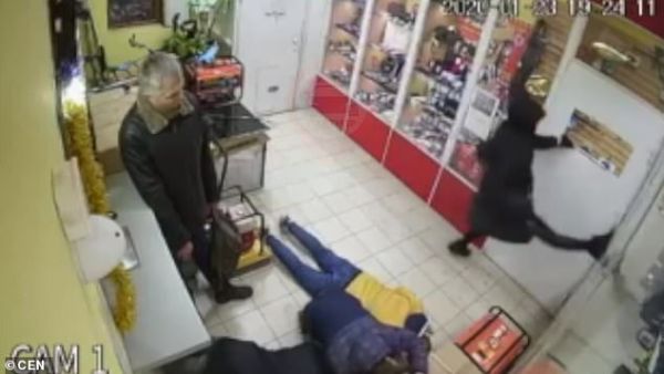 He then starts kicking at a door and on the third attempt his lower leg is seen bending upwards in an odd shape. (CEN)