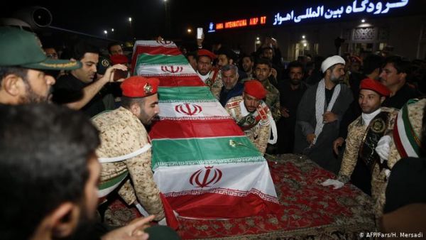 Military personnel carry the casket of Iranian commander Qassem Soleimani upon arrival at Ahvaz International Airport in Iran on January 5, 2020. (HOSSEIN MERSADI/Fars News/AFP)