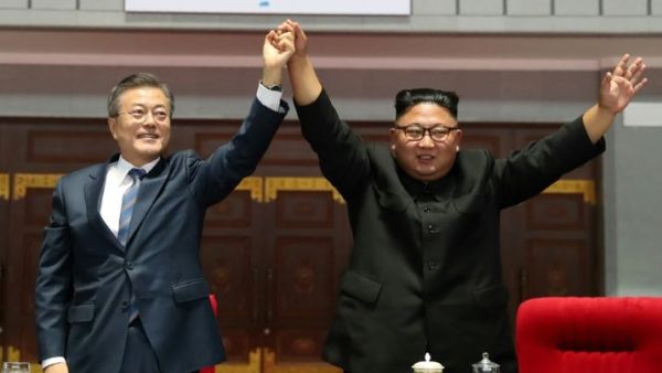 North Korean leader Kim Jong Un and South Korean President Moon Jae-in watch the large-scale gymnastic and artistic performance at the May Day Stadium in Pyongyang. (AFP/ File Photo)