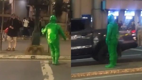 A street performer donned an toy army soldier costume to direct traffic and pedestrians in Baguio City, the Philippines. (ViralPress)