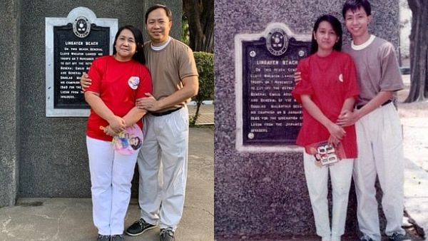 Raymon 'Ray' Michael Puzon, 21, shared two photographs on Twitter taken nearly three decades apart of his parents standing at a memorial at Lingayen Beach in the Philippines. (Ramon Puzon)