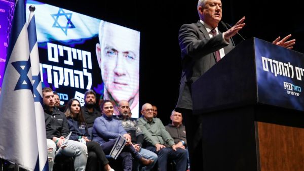 Benny Gantz, a retired army general and leader of the Blue and White Israeli electoral alliance, speaks during an election rally in the northern Israeli coastal city of Haifa, on February 11, 2020. JACK GUEZ / AFP