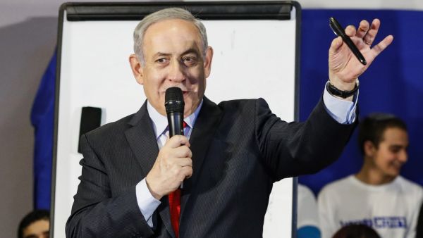 Israeli Prime Minister Benjamin Netanyahu addresses Likud party supporters during an electoral rally in the central Israeli city of Rosh HaAyin, on February 13, 2020. JACK GUEZ / AFP