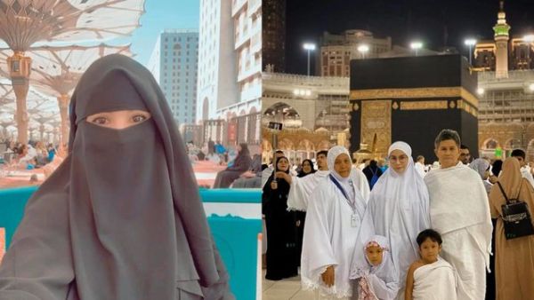 Nur Sajat, 33, shared pictures of herself wearing female prayer attire and makeup at some of Islam's holiest sites. (Twitter)