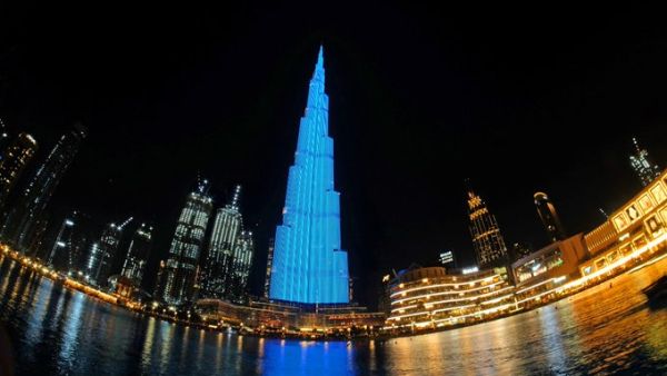 The Burj Khalifa lit up in bright blue at 7.40pm on Saturday for four-and-half-year-old Sam Ray-Elkhodry and all other people with AS. (Twitter)