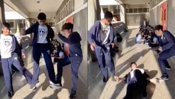 The trend, popularized on the video-sharing app TikTok, involves three participants standing side by side with the outside two filmed kicking the third’s feet out from under them while they all jump in the air. (Photo/Social media)