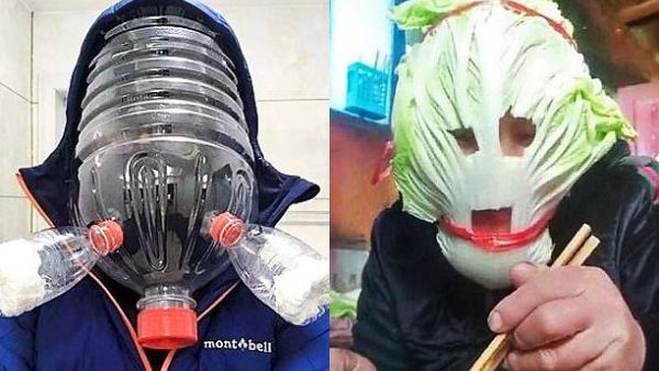 Home-made: Others used plastic bottles (right) and even lettuce leaves (left). You can buy washable cloth masks, light, loose surgical masks or close-fitting masks. (Social Media/ Daily Mail)