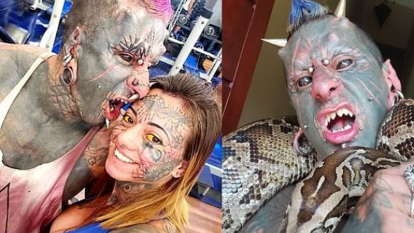 The father, who has worked as a tattoo artist for 25 years, said he wants to look as sinister as possible with implanted horns and his teeth filed into points. (Jam Press)