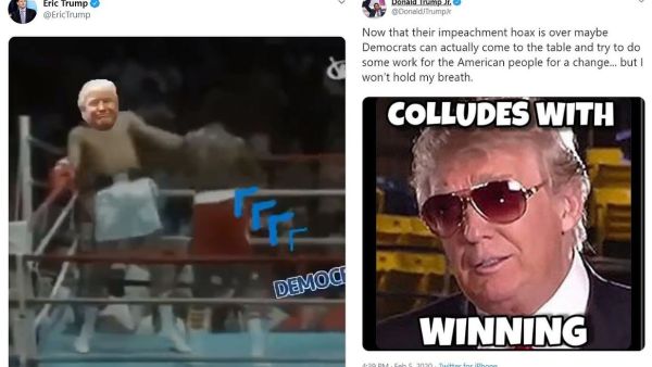 Eric Trump posted a Rumble in the Jungle video showing his father ducking and weaving punches from Democrats soon after the President was acquitted of impeachment. (Twitter/ @Eric Trump)