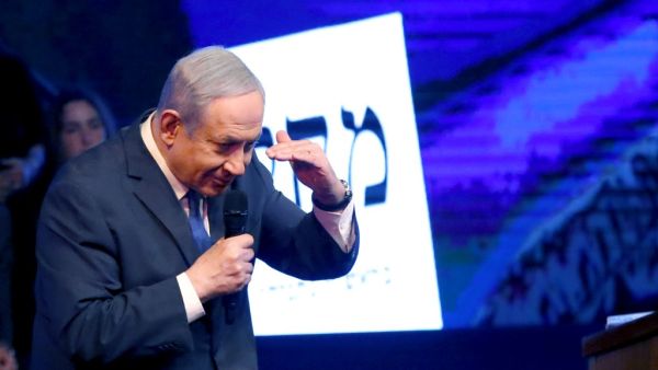 Israeli Prime Minister Benjamin Netanyahu addresses Likud party supporters during an electoral rally in the central Israeli city of Ramat Gan, on February 29, 2020. Next week's election is expected to be another close race between Netanyahu's right-wing Likud party and the centrist Blue and White party, with the left set to perform poorly once again. JACK GUEZ / AFP