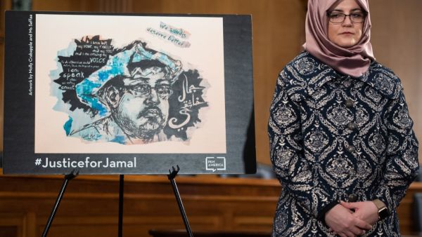 Hatice Cengiz, slain Washington Post columnist Jamal Khashoggi's fiancee, attends a press conference calling for the Trump administration to release details about his killing, on Capitol Hill in Washington, DC, March 3, 2020. US lawmakers vowed Tuesday to force the release of an intelligence report on the killing of Saudi dissident writer Jamal Khashoggi, accusing President Donald Trump of blocking it to protect the kingdom. SAUL LOEB / AFP