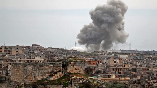 Plumes of smoke rise following Russian air strikes on the village of al-Bara in the southern part of Syria's northwestern Idlib province on March 5, 2020. Omar HAJ KADOUR / AFP