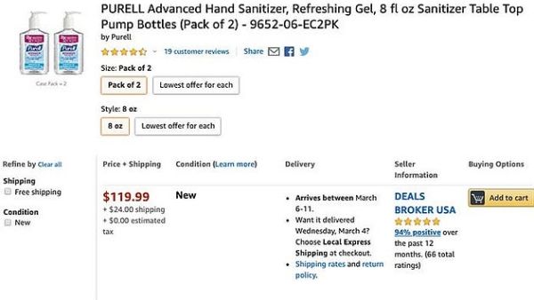 Amazon says it has banned 10,000 sellers attempting to price-gouge on bottles of hand sanitizer as stocks run low amid the coronavirus outbreak (Dailymail)