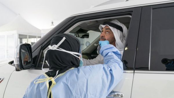 Mohamed bin Zayed opens drive-thru COVID-19 test facility (Twitter)