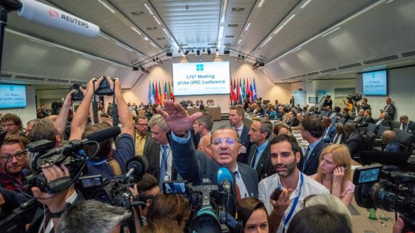 In this file photo taken on July 01, 2019 Journalists attend the 176th meeting of the Organization of the Petroleum Exporting Countries (OPEC) conference and the 6th meeting of the OPEC and non-OPEC countries on July 1, 2019 in Vienna, Austria. AFP/File