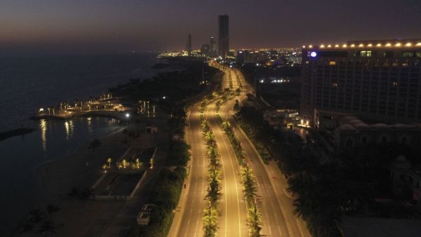 An aerial view shows deserted streets in the Saudi coastal city of Jeddah on April 21, 2020, during the novel coronavirus pandemic crisis. BANDAR ALDANDANI / AFP