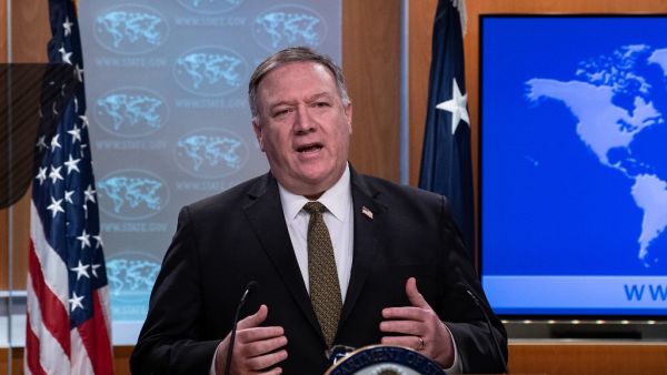 US Secretary of State Mike Pompeo speaks at a press briefing at the State Department in Washington, DC, on April 22, 2020. A controversial decision on whether to annex much of the West Bank is the prerogative of Israel's new unity government, US Secretary of State Mike Pompeo said April 22, 2020. "As for the annexation of the West Bank, the Israelis will ultimately make those decisions," Pompeo told reporters. "That's an Israeli decision."  NICHOLAS KAMM / POOL / AFP