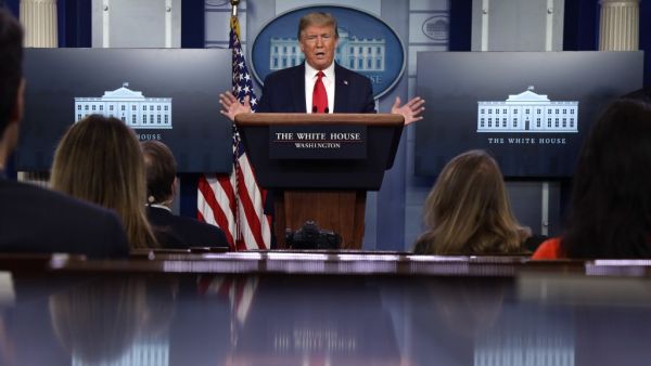 U.S. President Donald Trump speaks during the daily briefing of the White House Coronavirus Task Force at the James Brady Press Briefing Room of the White House April 13, 2020 in Washington, DC. On Monday President Trump tweeted that he will be the one to make the decision to re-open the states in conjunction with the Governors and input from others. Alex Wong/Getty Images/AFP ALEX WONG / GETTY IMAGES NORTH AMERICA / Getty Images via AFP