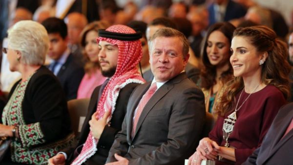 Jordan's Princess Muna, Crown Prince Hussein, King Abdullah II and Queen Rania attend a ceremony held in Amman on May 25, 2016, to mark the desert kingdom's 70th Independence Day. (AFP/Khalil Mazraawi)