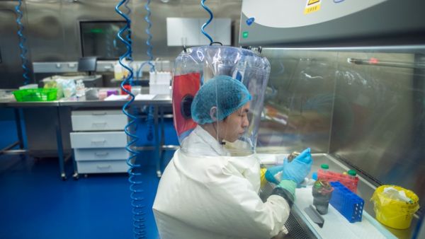 This file photo taken on February 23, 2017 shows a worker inside the P4 laboratory in Wuhan, the capital of China's Hubei province. The Chinese biosafety laboratory accused by top US officials of being at the origin of the coronavirus pandemic studies the world's most dangerous diseases, with researchers who investigate viruses that live in bats. Johannes EISELE / AFP