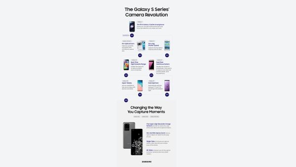 لقد تم تصميم كاميرا Galaxy S20 الرائدة بناءً على الإرث العريق الذي تميزت به ابتكارات سلسلة Galaxy S لقد تم تصميم كاميرا Galaxy S20 الرائدة بناءً على الإرث العريق الذي تميزت به ابتكارات سلسلة Galaxy S