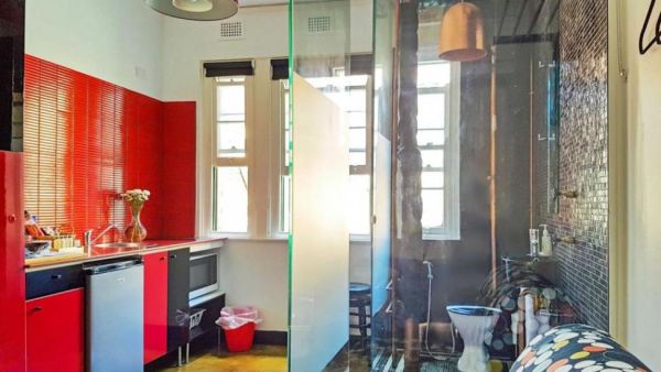 A studio apartment listed in Sydney, Australia, is drawing attention online for the unusual placement of the bathroom -- in the kitchen (UPI/Domain.com.au)