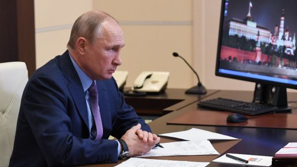 Russian President Vladimir Putin chairs a meeting on dealing with consequences of a fuel spill in the Krasnoyarsk Region, via teleconference call at Novo-Ogaryovo state residence, outside Moscow, on June 3, 2020. (AFP)