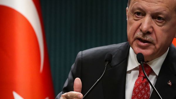 Turkish President Recep Tayyip Erdogan gestures as he delivers a speech following a cabinet meeting, in Ankara, on June 9, 2020. Adem ALTAN / AFP