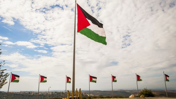  A row of Palestine flags on the top of the hill in Rawabi (Shutterstock)