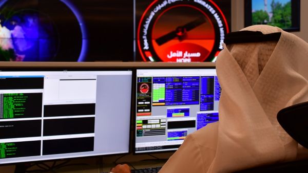 In this file photo taken on July 05, 2020 an employee works at the control room of the Mars Mission at the Mohammed Bin Rashid Space Centre (MBRSC), in the Gulf emirate of Dubai. GIUSEPPE CACACE / AFP