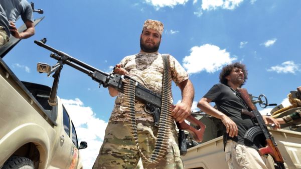 Fighters loyal to the UN-recognised Libyan Government of National Accord (GNA) secure the area of Abu Qurain, half-way between the capital Tripoli and Libya's second city Benghazi, against forces loyal to Khalifa Haftar, who is based in eastern Benghazi, on July 20, 2020. Since 2015, a power struggle has pitted the (GNA) against forces loyal to Haftar. The strongman is mainly supported by Egypt, the United Arab Emirates and Russia, while Turkey backs the GNA.  Mahmud TURKIA / AFP