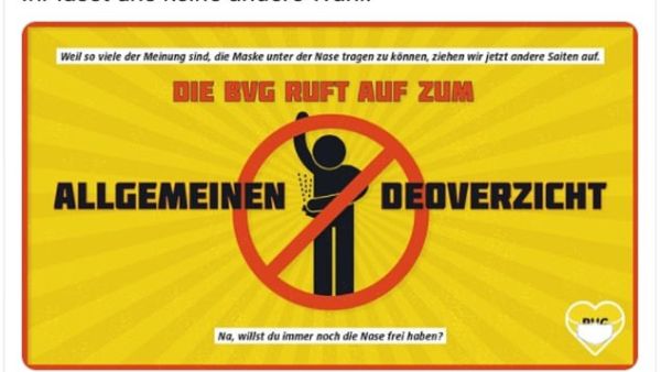 Berliner Verkehrsbetriebe (BVG) created the humorous safety notice in the hope that customers will be so overpowered by the smell of others' that they will reach for their masks (Twitter)