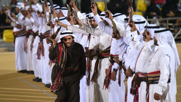 Saudi traditional dancers perform during the Janadriyah festival of Heritage and Culture held in the Saudi village of Al-Thamama, 50 kilometres north of the capital Riyadh, on February 8, 2016. (AFP / FAYEZ NURELDINE)
