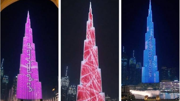 The building lit up in an array of colours as it flashed 'Welcome to Dubai'. (Video Screenshots)