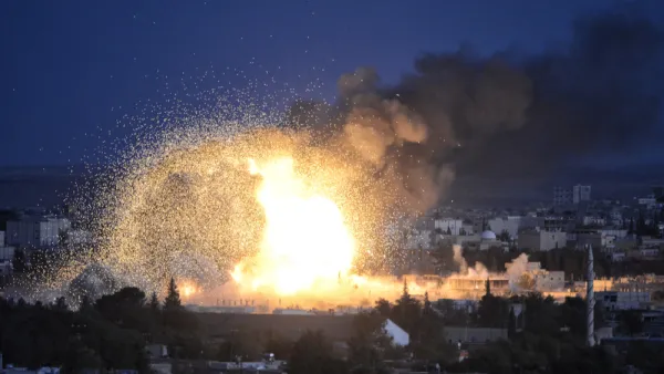 An explosion after an apparent US-led coalition airstrike on Kobane, Syria. (Shutterstock/ File Photo)