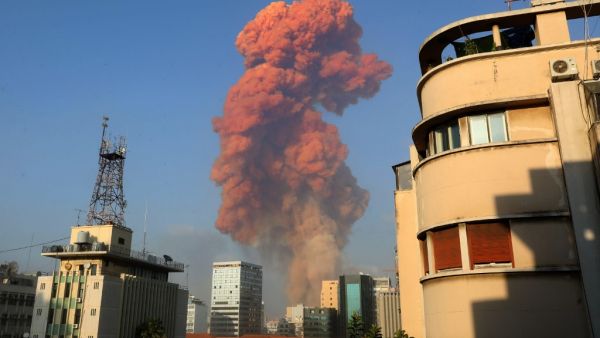 A picture shows the scene of an explosion in Beirut on August 4, 2020. A large explosion rocked the Lebanese capital Beirut on August 4, an AFP correspondent said. The blast, which rattled entire buildings and broke glass, was felt in several parts of the city. Anwar AMRO / AFP