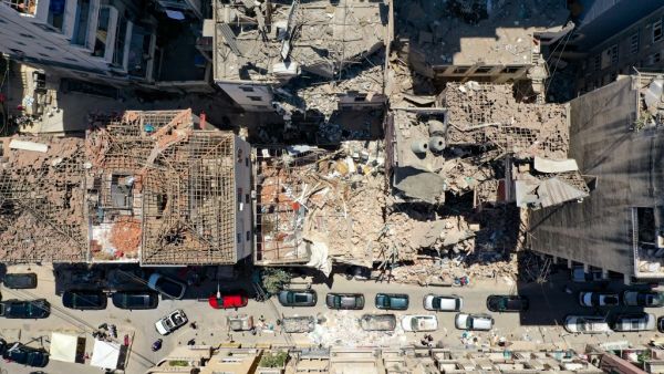 An aerial view shows damaged buildings in Beirut's neighbourhood of Gemayzeh, days after a huge chemical explosion hit the nearby port, devastating large parts of the Lebanese capital and claiming over 150 lives. AFP