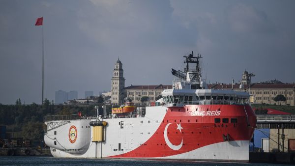 This file photo taken on August 23, 2019 in Istanbul shows a view of Turkish General Directorate of Mineral research and Exploration's (MTA) Oruc Reis seismic research vessel docked at Haydarpasa port, which searches for hydrocarbon, oil, natural gas and coal reserves at sea. Turkish President Recep Tayyip Erdogan vowed on August 21, 2020, to step up the search for energy in the Mediterranean by the end of the year, despite tensions with Greece and the rest of the EU. Greece on August 11, demanded that Turk