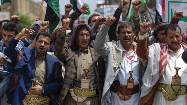 Yemeni demonstrators chant slogans as they rally in the capital Sanaa, on August 22, 2020, to protest the US-brokered deal to normalise Emirati-Israeli relations. MOHAMMED HUWAIS / AFP