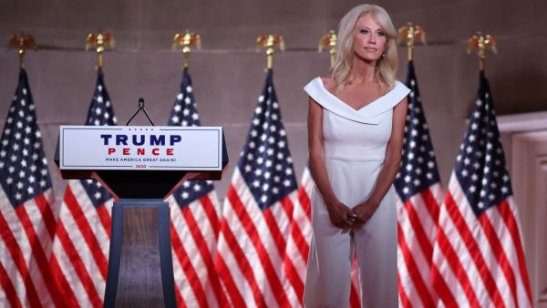 White House Counselor to the President Kellyanne Conway pauses between takes while pre-recording her address to the Republican National Convention from inside an empty Mellon Auditorium on August 26, 2020 in Washington, DC. The novel coronavirus pandemic has forced the Republican Party to move away from an in-person convention to a televised format, similar to the Democratic Party's convention a week earlier. Chip Somodevilla/Getty Images/AFP CHIP SOMODEVILLA / GETTY IMAGES NORTH AMERICA / Getty Images via 