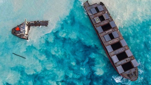 An aerial view taken in Mauritius on August 17. The MV Wakashio struck a coral reef off the Indian Ocean island on July 25 and began spilling oil on Aug. 6, prompting the government to announce a state of environmental emergency. (AFP)