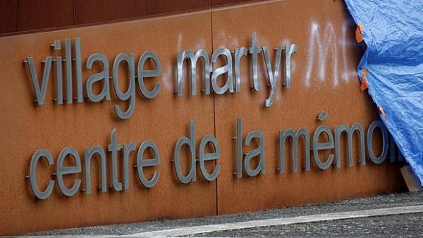 Graffiti tags are seen on the lettering at the entrance to Centre of Oradour sur Glane Memory, the village where German Waffen-SS troops massacred 642 of its inhabitants in June 1944, in Oradour-sur-Glane, west-central France on Saturday  (AFP)