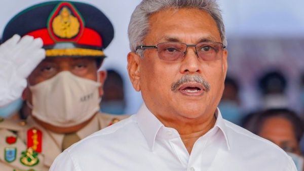 Sri Lankan President Gotabaya Rajapaksa sings the national anthem during a commemoration in Colombo on May 19 (AFP Photo/-)