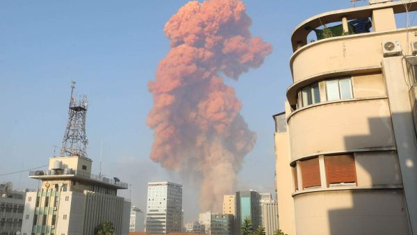 A picture shows the scene of an explosion in Beirut on August 4, 2020. - A large explosion rocked the Lebanese capital Beirut on Tuesday, an AFP correspondent said. The blast, which rattled entire buildings and broke glass, was felt in several parts of the city. Its exact location was unknown. (Photo by Anwar AMRO / AFP via Getty Images)